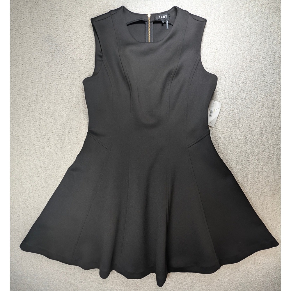 DKNY Womens Fit and Flare Dress Scuba Knit Black Sleeveless 14 NWT